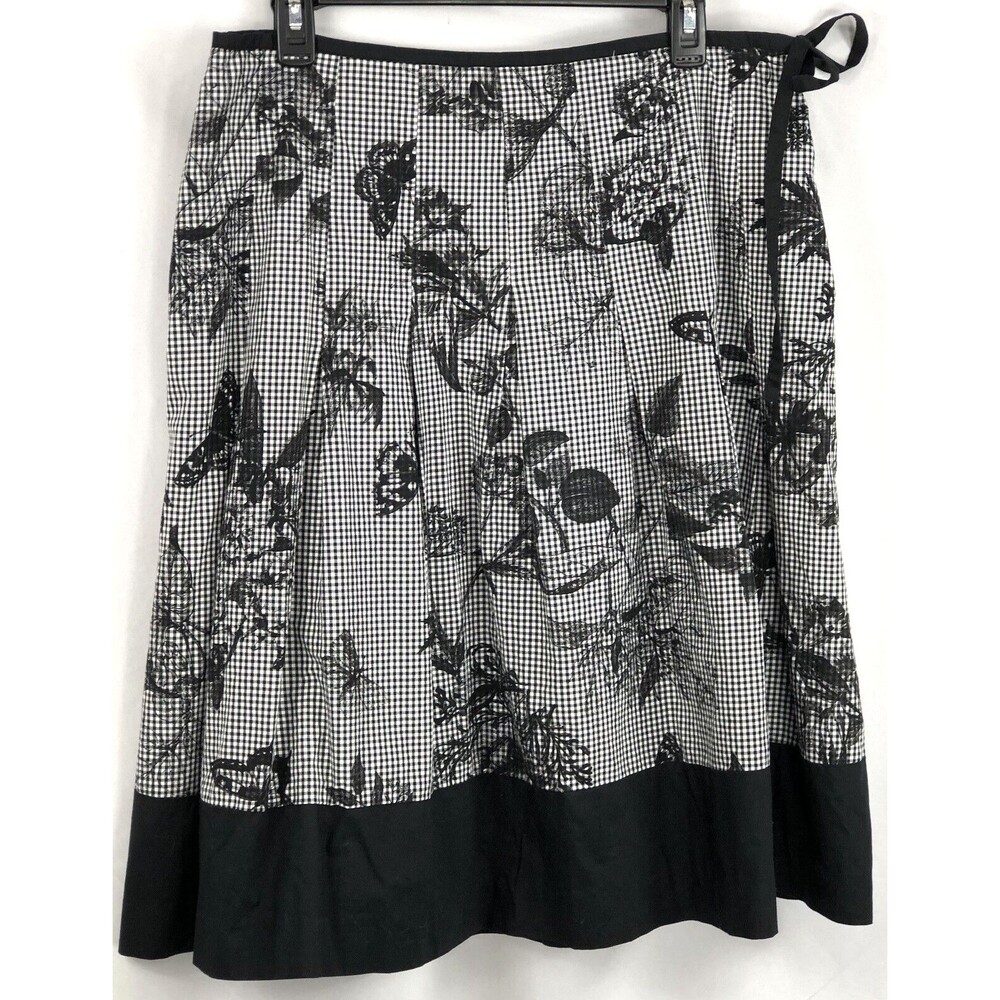 Talbots Pleated Skirt 12 Blk Check Floral 32"W Ties Cottage Whimsy Goth Fairy